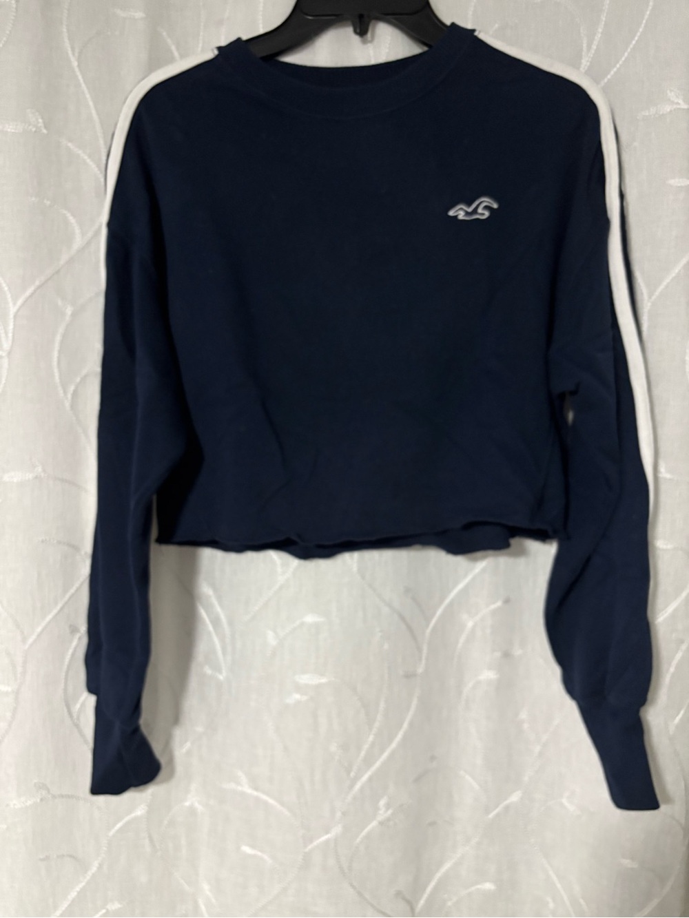 Hollister Navy Cropped Crew Sweatshirt with White Shoulder Stripes